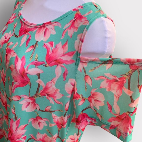 LBISSE Women's Cold Shoulder Floral Blouse Aqua Pink XL NEW - Picture 4 of 6